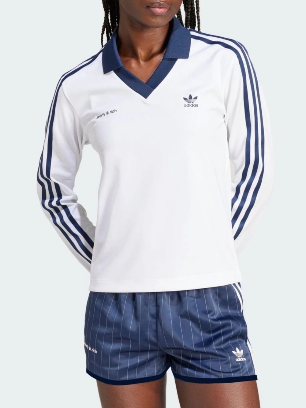 Adidas x Sporty & Rich White Long-Sleeve Polo Tee Collar with Navy Trim - Picture 2 of 7